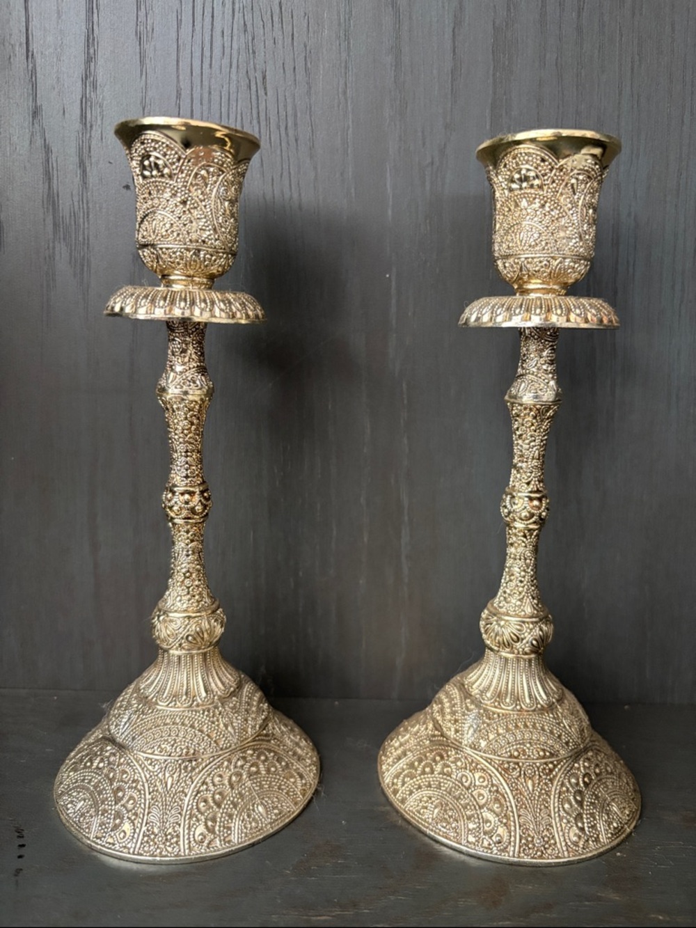 Intricately Detailed Gold Candle Holders - Pair